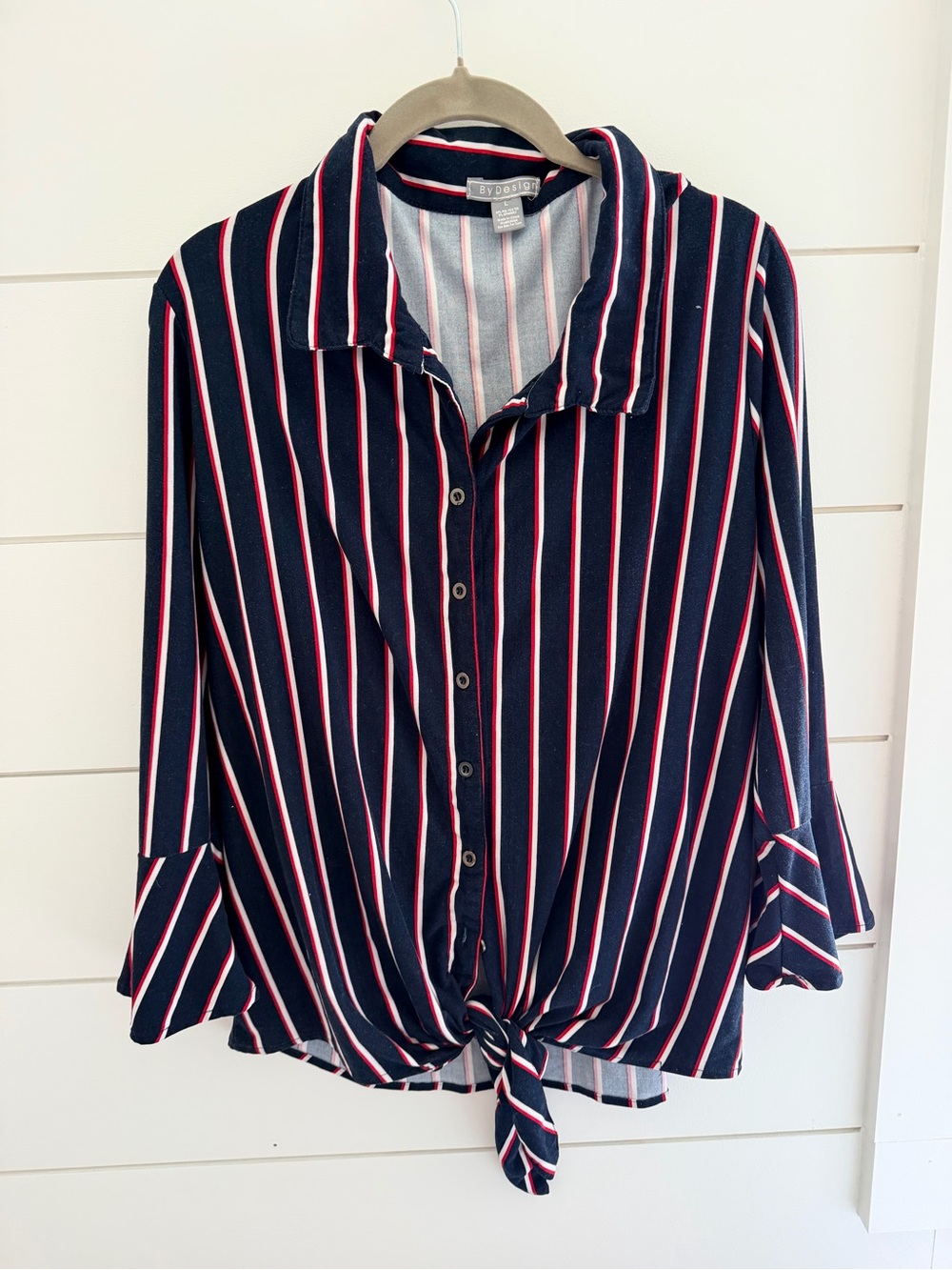 Navy Striped Button-Front Tie Blouse